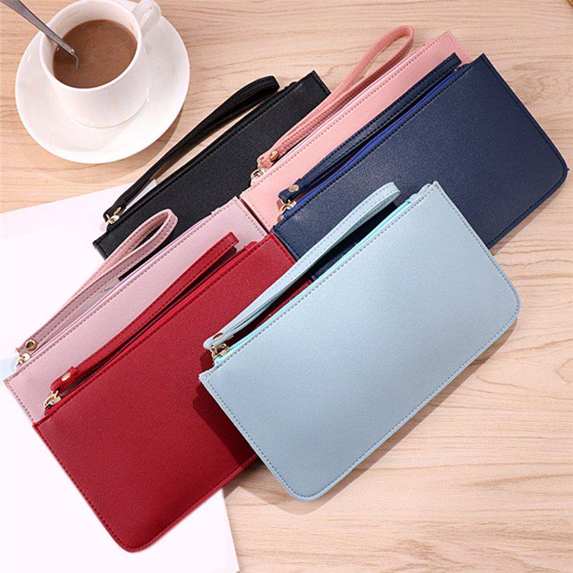Women's Coin Purse Korean Plain Small Card Holder Long Wallet Fashion Clutch Leather Zipper Phone Bag