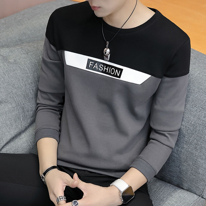 T-shirt men's color matching Sweatshirt slim t-shirt men's Long Sleeve Top Black Red