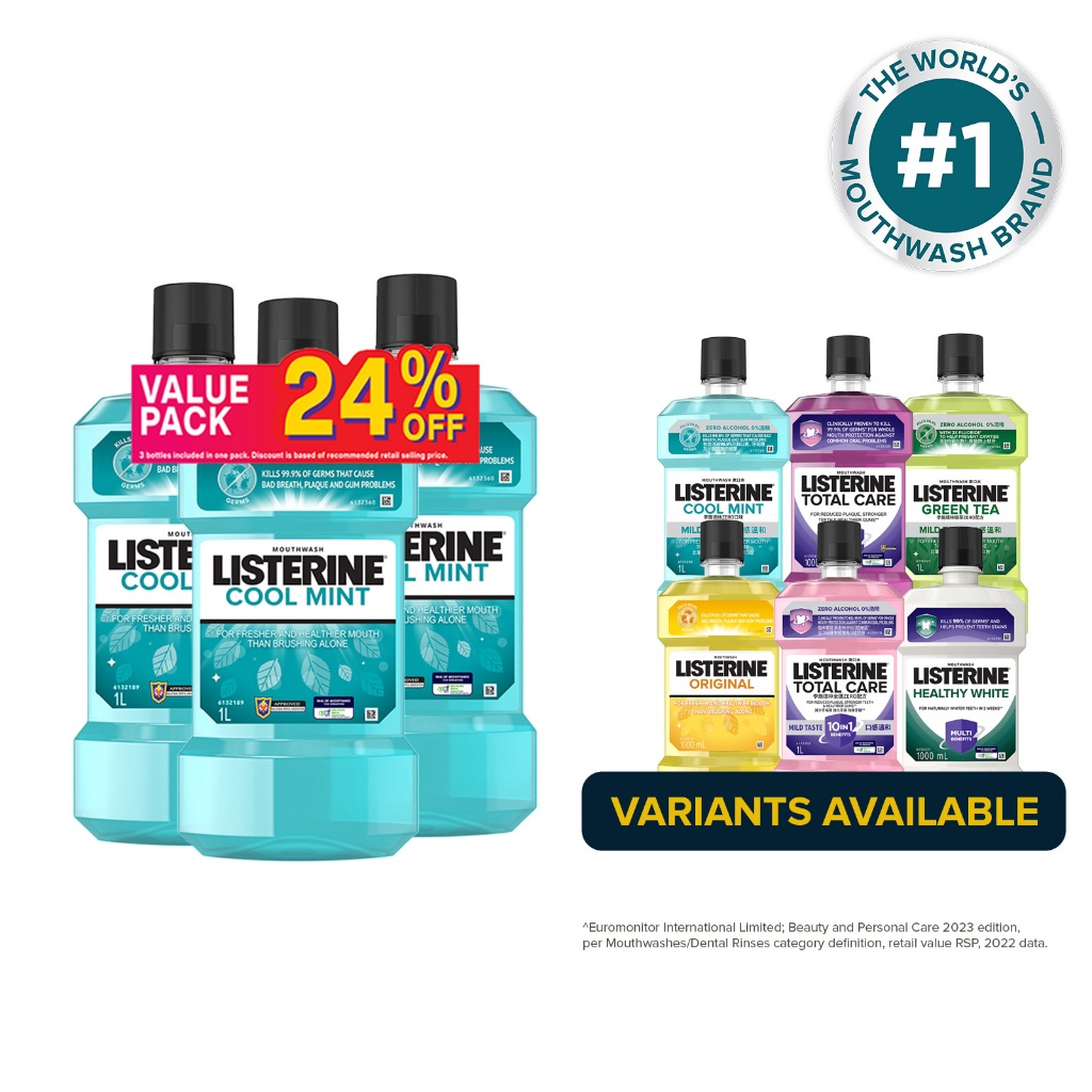 [Bundle of 3] Listerine 1L Mouthwash Value Pack (Cool Mint/Cool Mint Zero/Total Care Zero/Original/Green Tea/Healthy Whi